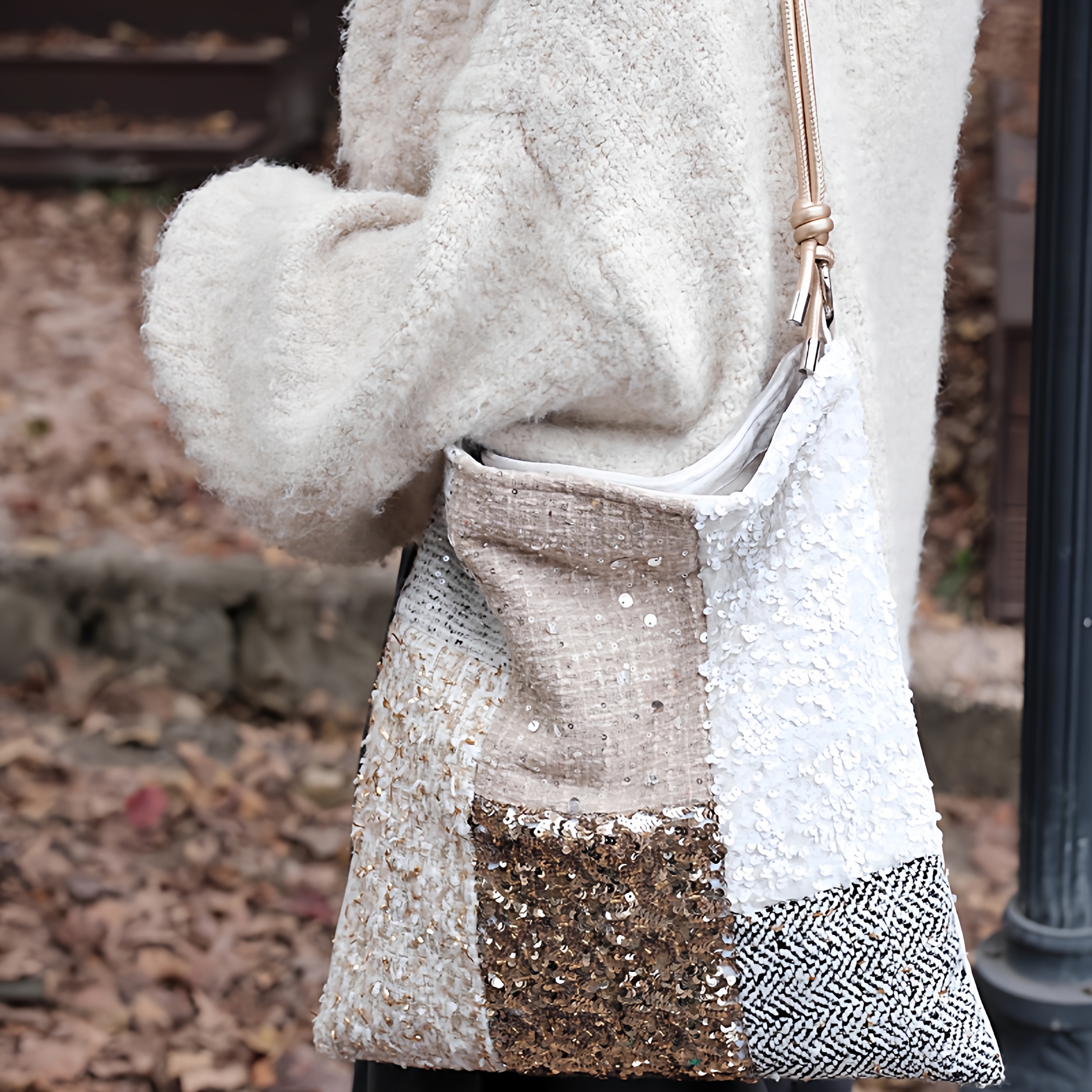 小众重工米棕六拼方可调节斜挎包女生单肩帆布包大容量小众包包