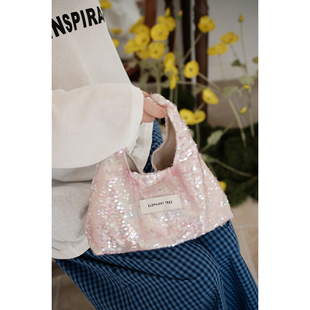 美人鱼粉色亮片手拎小hobo水桶包帆布包遛弯包包精致甜美斜挎包