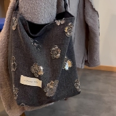 亮片牛仔单肩大容量帆布包托特包通勤黑色斜挎布袋包小众设计轻奢