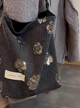 亮片牛仔单肩大容量帆布包秋冬托特包通勤黑色斜挎布袋包包女款