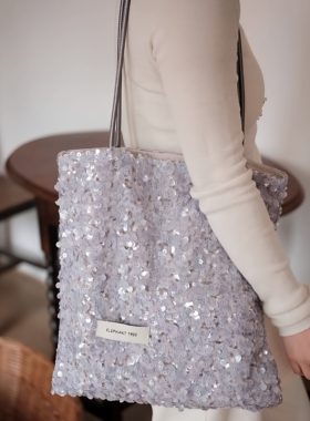 时尚香芋紫亮片时尚百搭女生单肩包帆布包大容量小众包包托特包