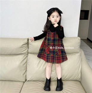韩国版2025秋冬新款女童格纹毛呢背心裙女宝宝气质甜美可爱连衣裙