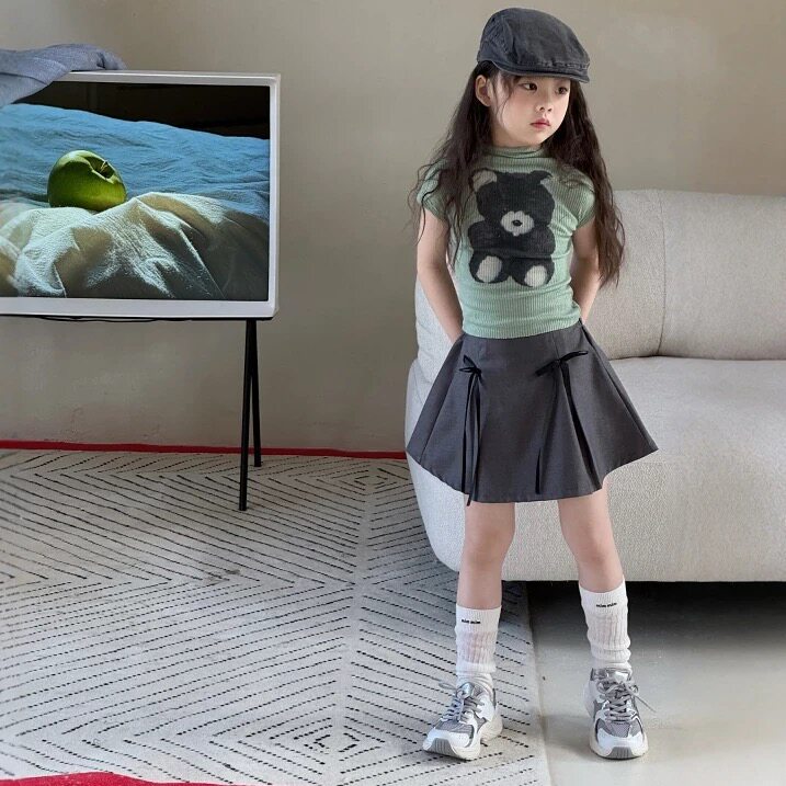 韩国童装2026夏季女童洋气百搭卡通印花短袖上衣蝴蝶结丝带JK短裙