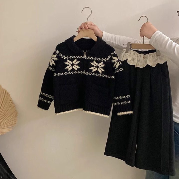 韩版童装2025冬款女童复古洋气费尔岛针织毛衣开衫花边加绒阔腿裤,童装/婴儿装/亲子装,毛衣/针织衫,淘宝优惠券,粉丝福利购,淘宝优惠卷