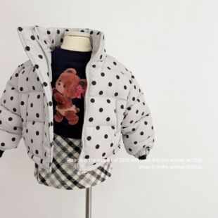 韩国2026冬女童时尚波点棉衣保暖棉服儿童立领夹棉加厚面包服外套