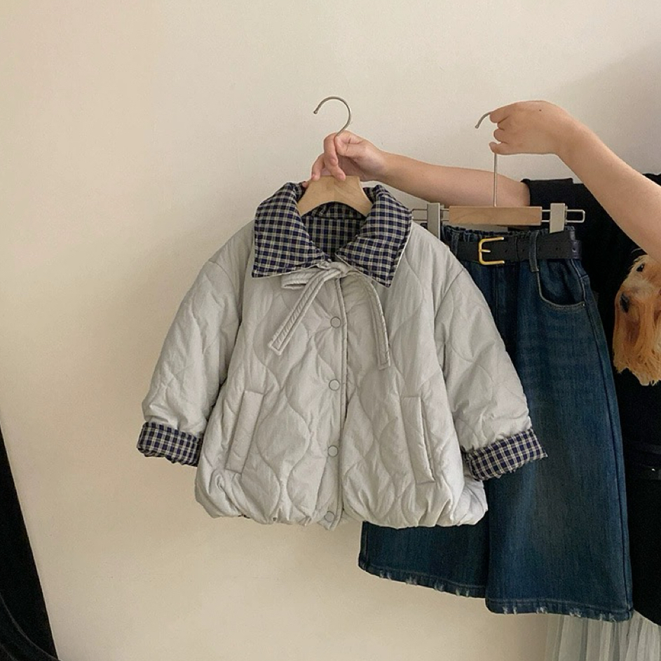女童洋气格子拼接棉服2025冬款儿童洋气两面穿夹棉外套加绒牛仔裤