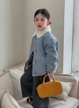 韩版童装2025冬季新款女童气质毛领保暖外套儿童加绒休闲牛仔外套