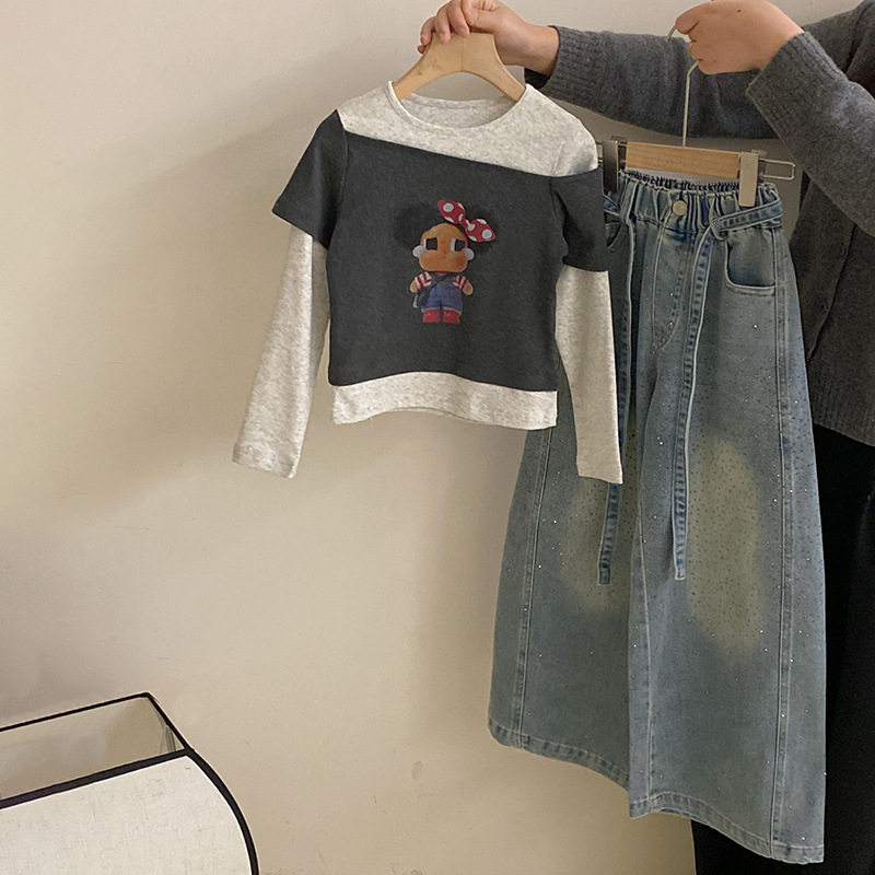 韩版童装2026春季女童洋气卡通假两件长袖上衣宽松休闲闪钻牛仔裤,童装/婴儿装/亲子装,T恤,淘宝优惠券,粉丝福利购,淘宝优惠卷