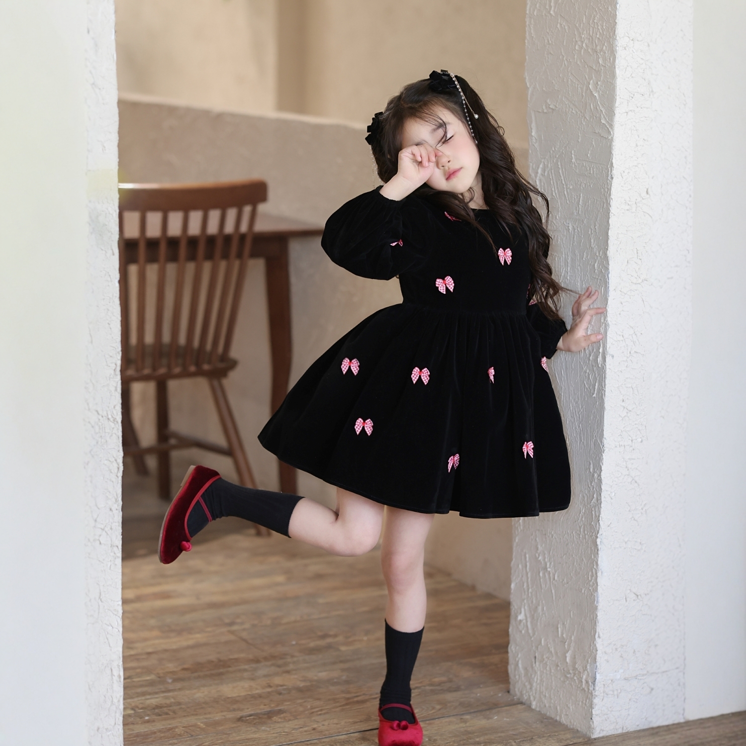 女童甜美蝴蝶结连衣裙丝绒公主裙