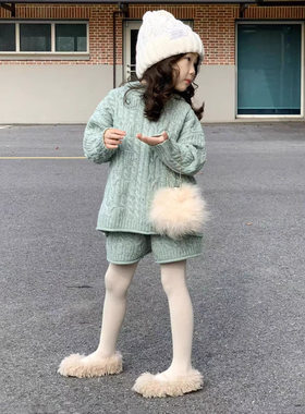 韩系女童秋冬加厚连帽针织衫