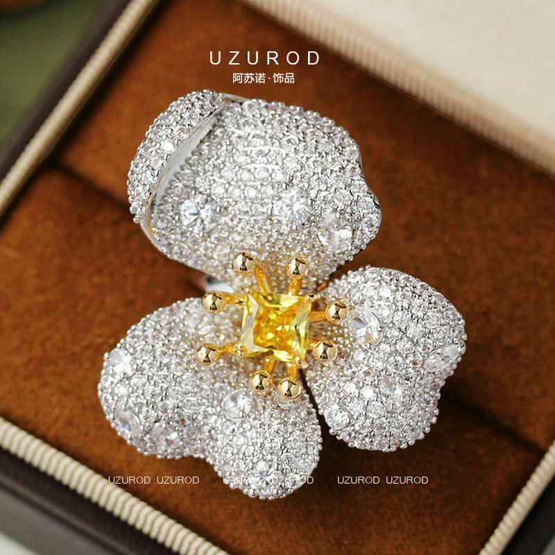 UZUROD高定重工[鎏金花]璀璨黄钻宝石大花朵戒指夸张晚宴派对惊艳