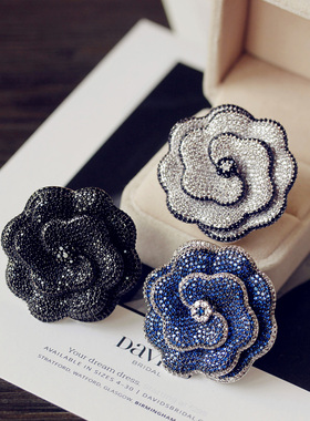 高级感微镶锆石奢华满钻蓝宝石黑色立体夸张大花朵戒指晚宴派对女