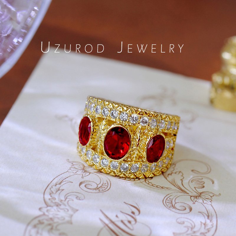 中古世纪欧式宫廷复古鸽血正红宝石金色戒指古典怀旧古董款华贵女