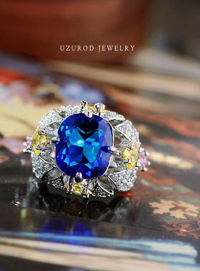 出口欧美法式天空之镜蓝宝石戒指