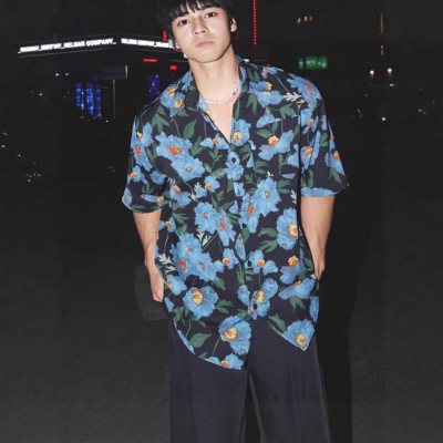 American printed shirt men loose cool short sleeved ice silk