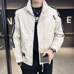 新款韩版条纹都市休闲男士夹克春秋季拉链时尚外套上衣jacket men