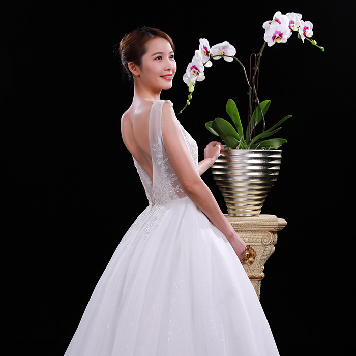 2021年春季蔡美月婚纱新款女装新娘经典大圆领蕾丝白纱婚纱