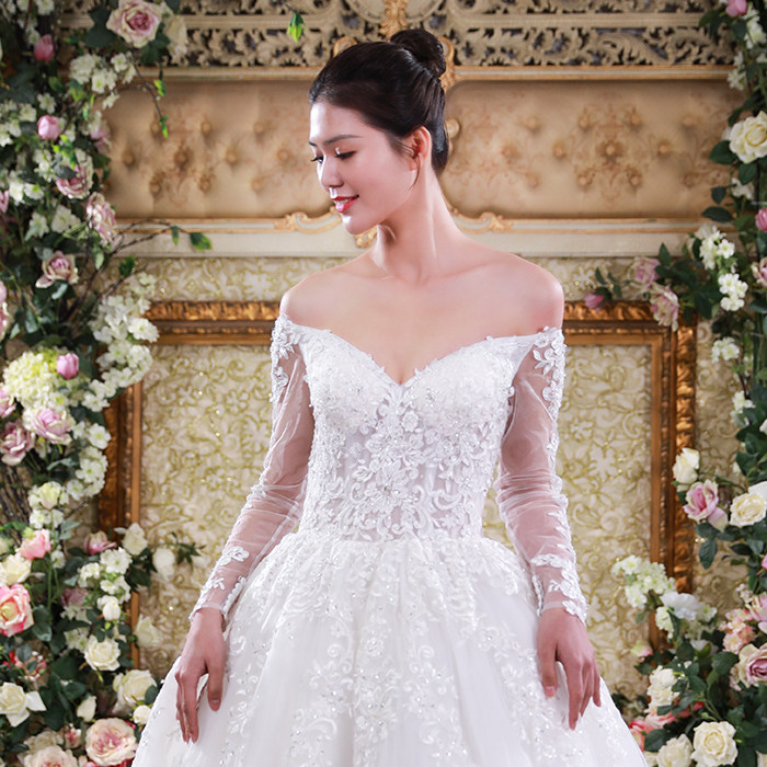 2021年春季蔡美月婚纱新款女装新娘优雅一字肩蕾丝白纱婚纱