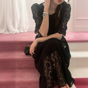 25年夏季新款韩国东大门蕾丝圆领连衣裙法式温柔风泡泡袖宽松长裙