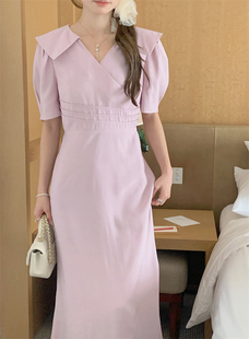 25年夏季新款韩国东大门V字领连衣裙法式泡泡袖修身显瘦鱼尾长裙