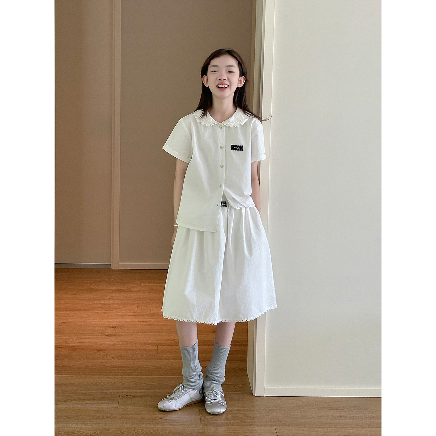 女大童套装【miu系学院风】青少年2025秋新款短袖衬衫简约半身裙