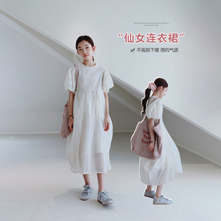 女童连衣裙2025夏装新款女大童初中生泡泡袖公主裙儿童气质长裙子