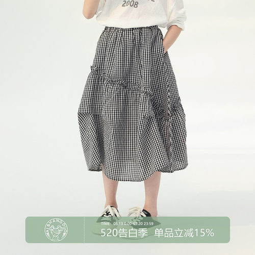 艾上朵复古格纹半身裙