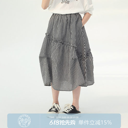 艾上朵复古格纹半身裙