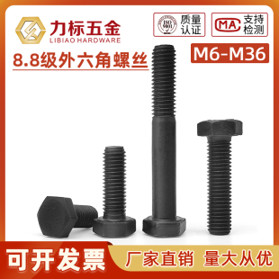 M6M8M10M12M14M16M18 8.8级外六角螺丝 黑色 螺钉高强度 M36 螺栓