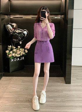 新款潮牌女装出游服装女士时尚夏装衬衫短袖T恤高腰牛仔短裙套装