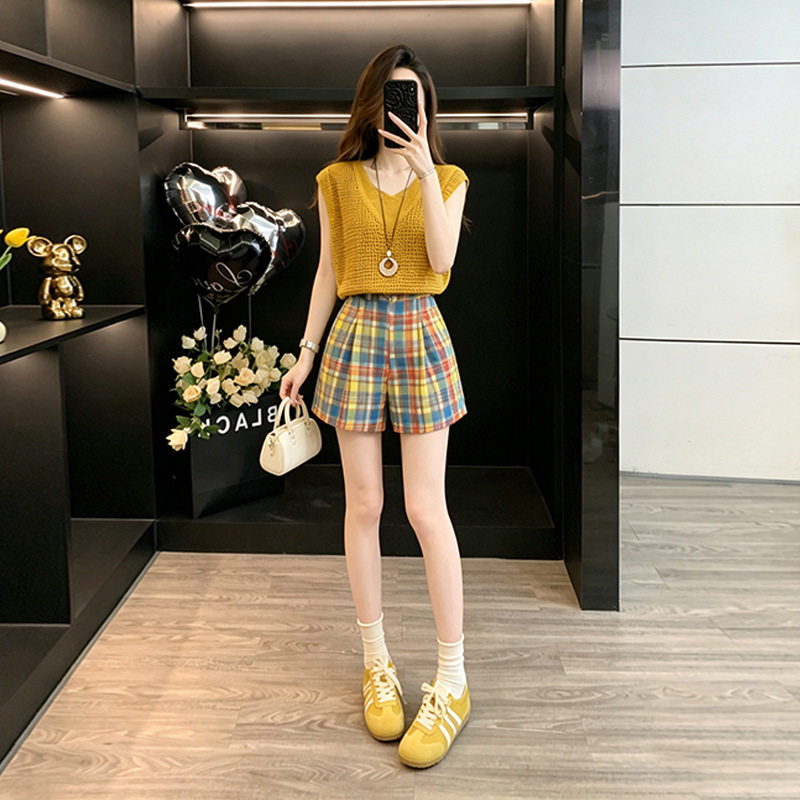 甜辣时尚套装女夏季短款橘色镂空针织衫减龄复古街头牛仔短裤套装