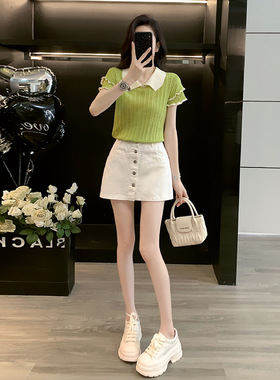 千金清冷感贵系衣服气质撞色短袖显瘦针织衫上衣白色牛仔半身裙子