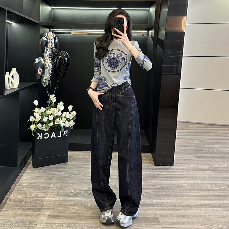 韩版休闲时尚套装女2025夏洋气减龄显瘦长袖T恤阔腿牛仔裤两件套