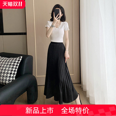 女装洋气时髦气质U领钉珠针织短袖显瘦上衣夏黑色高级感半身裙子