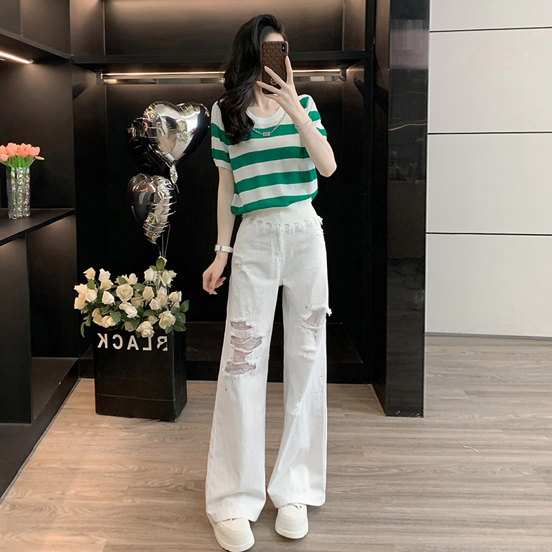 多巴胺洋气夏日清新减龄条纹针织衫上衣彩色波点牛仔裤子两件套女
