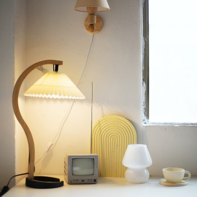 1876s 中古 vintage 曲木台灯 复古百褶卧室北欧榉木床头灯民宿