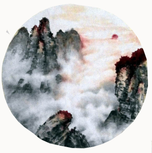 八款斗方圆芯手绘山水画旭日东升鸿运当头 山村人家风水客厅画