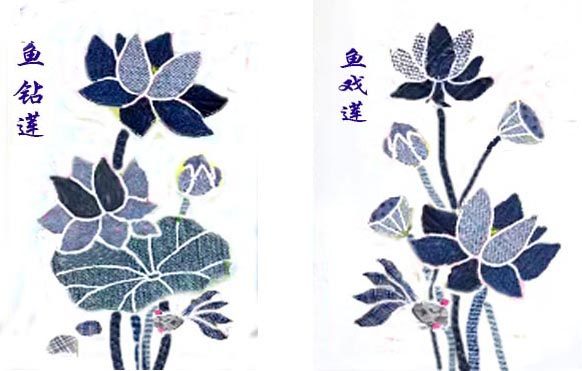荷花布贴画材料手工学生作品牛仔元素 鱼戏莲鱼钻莲花即时贴定制图片