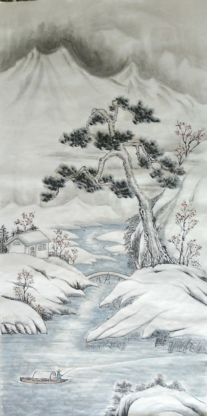 手绘冰雪山水画北国风光雾凇冰雪画