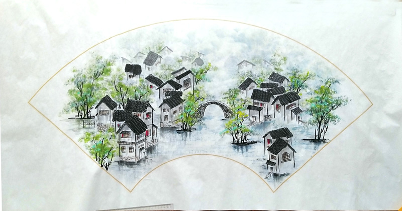 江南水乡扇面山水画 手绘客厅书房装饰画图片