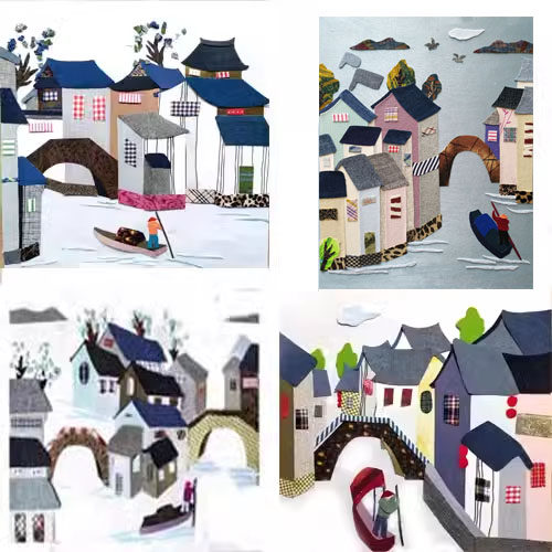 布贴画牛仔布格子布江南水乡京杭运河即时贴大学生毕业作品爱家乡