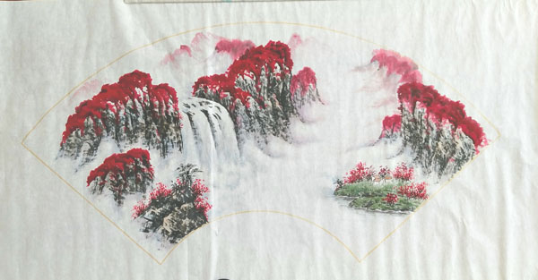 手绘山水国画鸿运青山祥四尺云扇面山水画