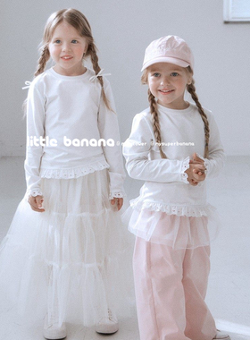 不打折 韩国代工厂童装春季新款纯棉花边圆领长袖简约公主白色T恤