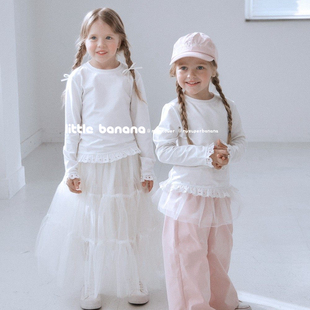 不打折 韩国代工厂童装春季新款纯棉花边圆领长袖简约公主白色T恤