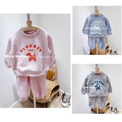 不打折 韩国代工厂童装冬款男女加绒厚实刺绣圆领卫衣卫裤2件套装