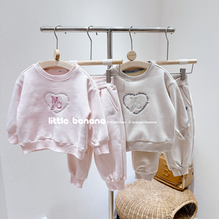 不打折 韩国代工厂童装女童冬季新款加绒圆领长袖卫衣卫裤2件套装