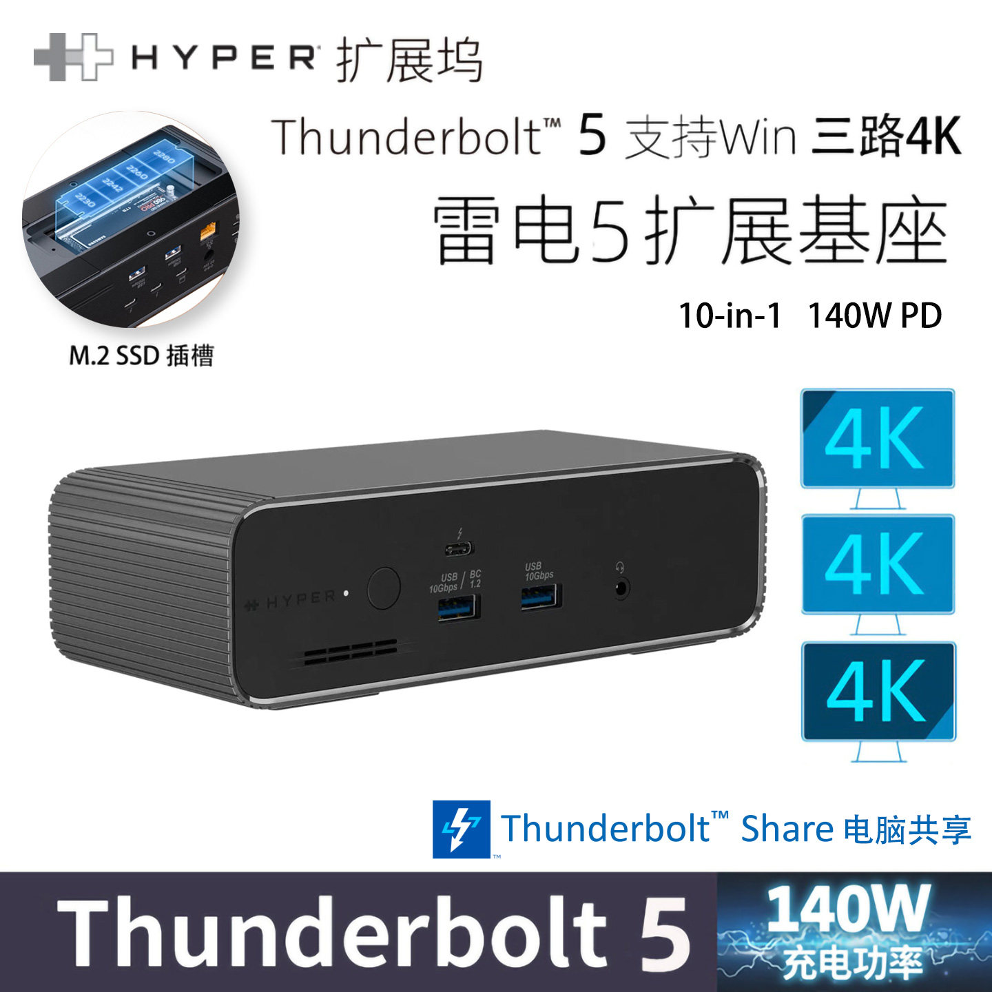 Hyper雷电5扩展坞4K三屏M.2