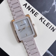 现货美国Anne Klein 奶茶色陶瓷方形贝母表盘女士简约石英手表