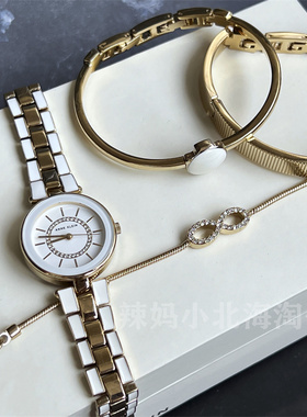 现货美国anne klein 3286白色接拼金色表带女士石英手表手镯套装