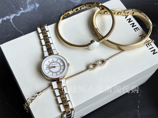 现货美国anne klein 3286白色接拼金色表带女士石英手表手镯套装